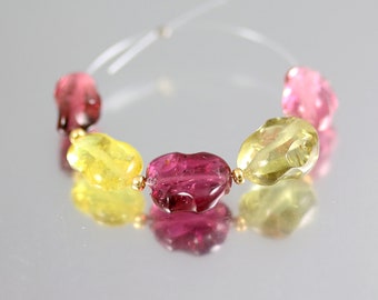 Old Stock Rubellite Pink and Yellow Tourmaline Smooth Nugget Beads - Set of 5 - Superb Tourmaline Nugget Beads - 8 to 10mm