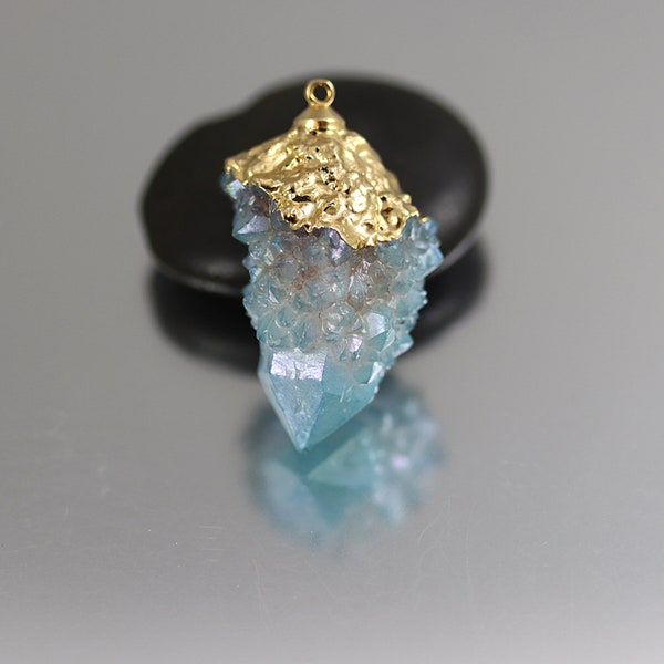 Reserved for Joan Aqua Aura Spirit Quartz Point Druzy Crystal - Electroplated Pendant - 24k gold plated Cap