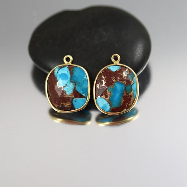 Copper Lava Mojave Turquoise Rosecut Stone - Bezel Set Gold Vermeil - Turquoise Beads - Pair