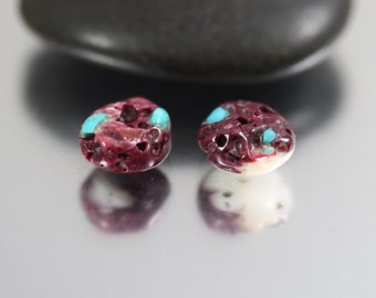 Purple Spiny Oyster Rondelle Beads Turquoise Inlay - Pair - Spiny Oyster Beads - 9mm