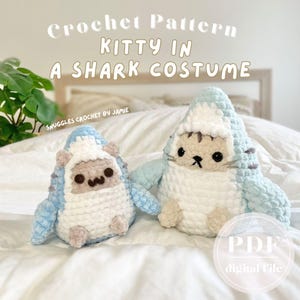 PDF Anleitung für ein gehäkeltes Plüschtier in Haifischkostüm | amigurumi, Katze im Hai Outfit Plüsch, kawaii style, lustige Katze Stofftier