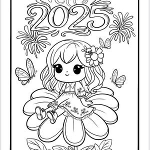 10 New Year Coloring Pages, 2025 Coloring Book, Printable PDF Book for fun, Cozy Friend, Coloring books for kids and adults, cute color book