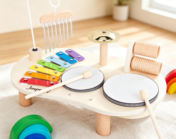 Custom Engraved Wooden Piano & Drum Set – Personalized Musical Toy for Toddlers, Montessori Learning Gift, Kids Birthday Present
