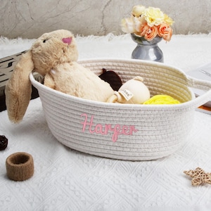 Gestickter Name Babypartygeschenk-Korb, personalisierter Babykorb, Seil-Baumwollkorb, neues Babygeschenk, Babypartybevorzugung, Spielzeug-Organisator
