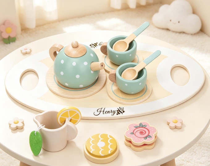 Custom Engraved Wooden Tea Party Set – Personalized Montessori Afternoon Tea Toy, Pretend Play Gift for Toddlers, Kids Birthday Present