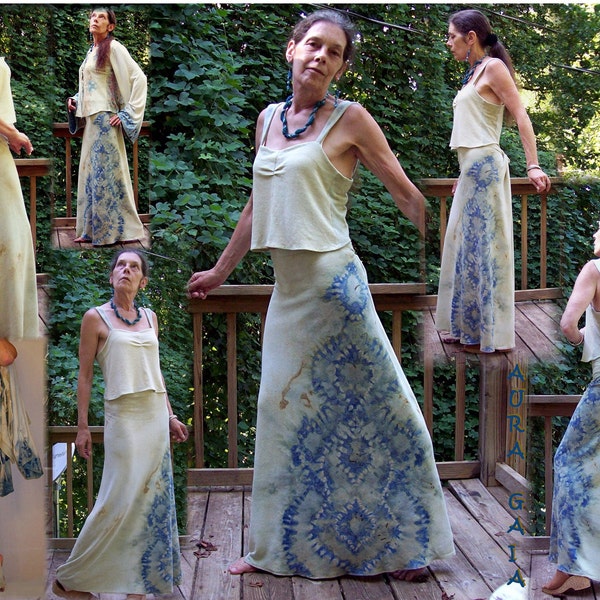 Shibori Skirt, Jacket & Camisole on Hemp Bamboo Knit . Hand Dyed . Heavenly Indigo . 4 Season Sweater Weight . Womens Medium