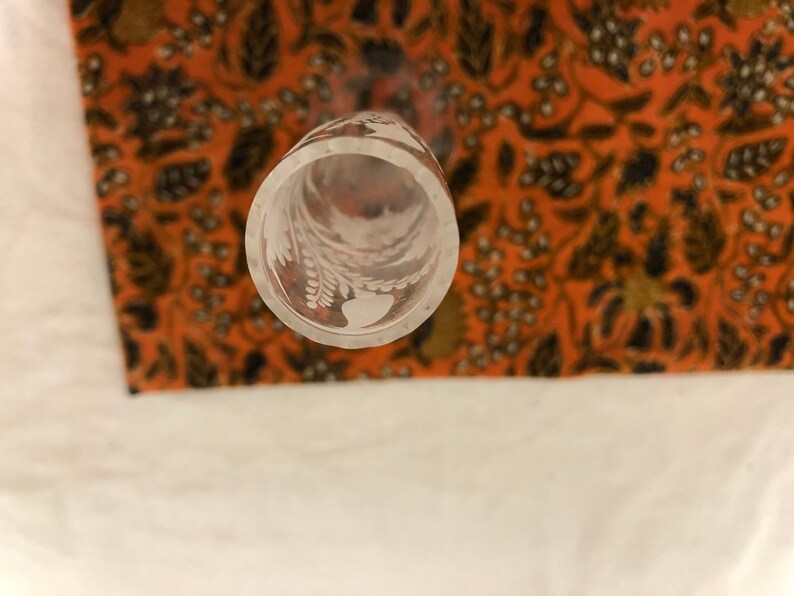 Antique cut glass Tuthill crystal bud vase 11.25 high long stemmed leaffloral etched scallop 1 inch diameter scalloped opening