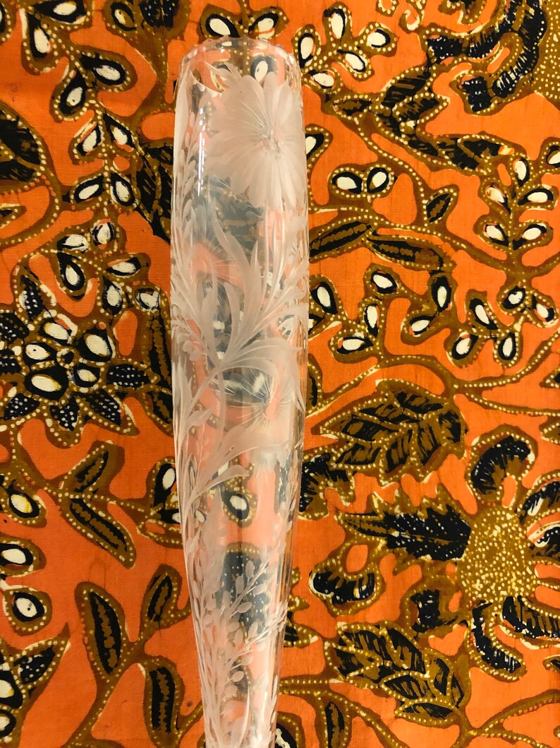 Antique cut glass Tuthill crystal bud vase 11.25 high long stemmed leaffloral etched scallop 1 inch diameter scalloped opening