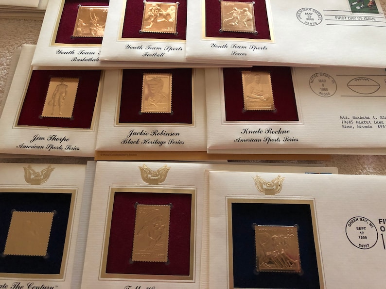 Jackie Robinson Jim Thorpe Knute Rockne Casey Lot 9 USPS postage collectibles stampenvelopegold tone replica Green Bay Packers