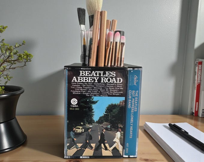 Vintage Beatles Cassette Tapes Desk Organizer, Pencil Pen Holder Retro 60's Music Fan Gift
