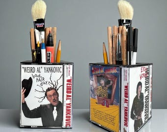 Weird Al Vintage Cassette Tape Desk Organizer Pen Pencil holder Gift Makeup Brush Holder