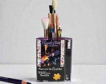 Prince Vintage Upcycled Cassette Tape Desk Organizer Unique Pencil holder Gift Makeup Brush Holder