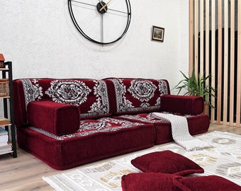 Floor Couch Arabic, Anatolian Floor Sofa Set: Oriental Red Couch, Ethnic Cushions, Arabic Couch