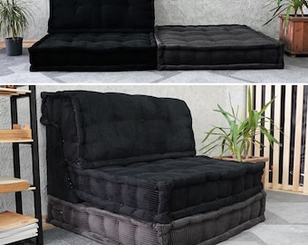 Sofá minimalista japonés de suelo con respaldo: Cojines de terciopelo personalizados. Sofá de pana negra.