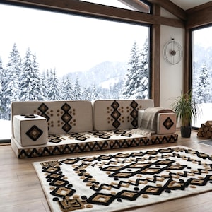 モロッコ風カウチフロアクッション 4インチ + 4インチ、エスニック柄フロアソファ、ホワイトアラビア風マジュリスフロアシーティングセット、ボヘミアンフロアソファとマッチするラグ