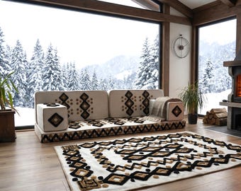 Moroccan Couch Floor Cushion 4" + 4" inches, Ethnic Pattern Floor Sofa, White Arabic Majlis Floor Seating Set, Boho Floor Sofa Matching Rug