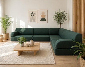 Tatami Sofa Set L Shaped 8" Linen Green Cushions Sectional Modular, Low Seating Floor Couch, Green Arabic Majlis, Japanese Foam Couch