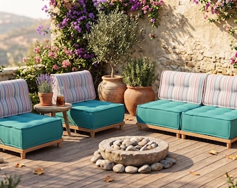 Outdoor Furniture, Waterproof Patio Seating, Outdoor Cushion with Wood Base, Hornbeam Garden Furniture, Low Profile Sectional Couch