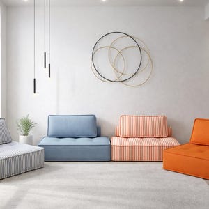 Colorful living room couch, Colored sectional modular sofas, Modern custom color striped floor sofa, Minimalist striped seating cushion