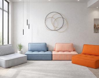 Colorful living room couch, Colored sectional modular sofas, Modern custom color striped floor sofa, Minimalist striped seating cushion