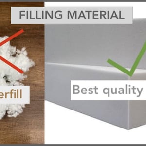 May include: A comparison of filling materials featuring a pile of white fiberfill marked with a red X and the text Not fiberfill, alongside a block of white foam marked with a green check and the text Best quality foam under the heading FILLING MATERIAL.