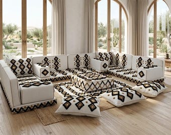 Moroccan Sofa, Arabic Majlis Floor Seating U Shaped, Bohemian Floor Sofa Set, Ethnic Floor Pillows for Living Room,White Floor Couch L Shape