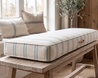 Striped bench cushion 4", Washable Custom Seat Cushion Indoor, Natural fabric cushion, Bespoke Made to Measure Cushion, Striped sofa pillow