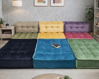 Sofá de suelo colorido: cojines modulares estilo boho - Tamaño personalizado disponible