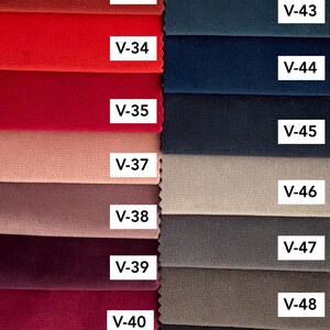 May include: A color chart titled Velvet Colors 3 displaying two columns of fabric swatches. The left column features shades of red, pink, and burgundy labeled V-32 through V-41. The right column shows blue, gray, and black shades labeled V-42 through V-50.