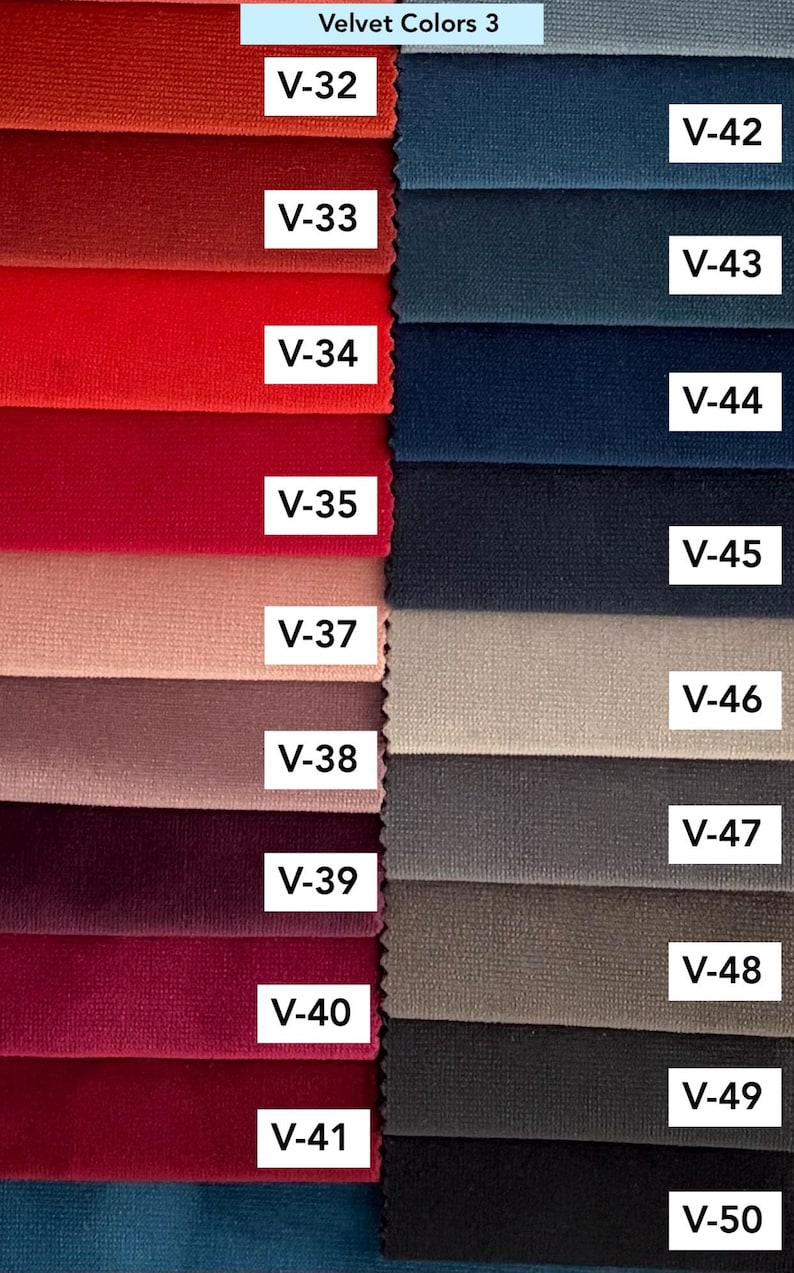 May include: A color chart titled Velvet Colors 3 displaying two columns of fabric swatches. The left column features shades of red, pink, and burgundy labeled V-32 through V-41. The right column shows blue, gray, and black shades labeled V-42 through V-50.
