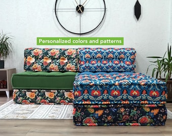 Green Blue Floral Fabric Floor Sofa: 16 inches Boho Sectional Floor Couch with Ottoman, 8 inches Sofa with L Shaped Backrest for Living Room