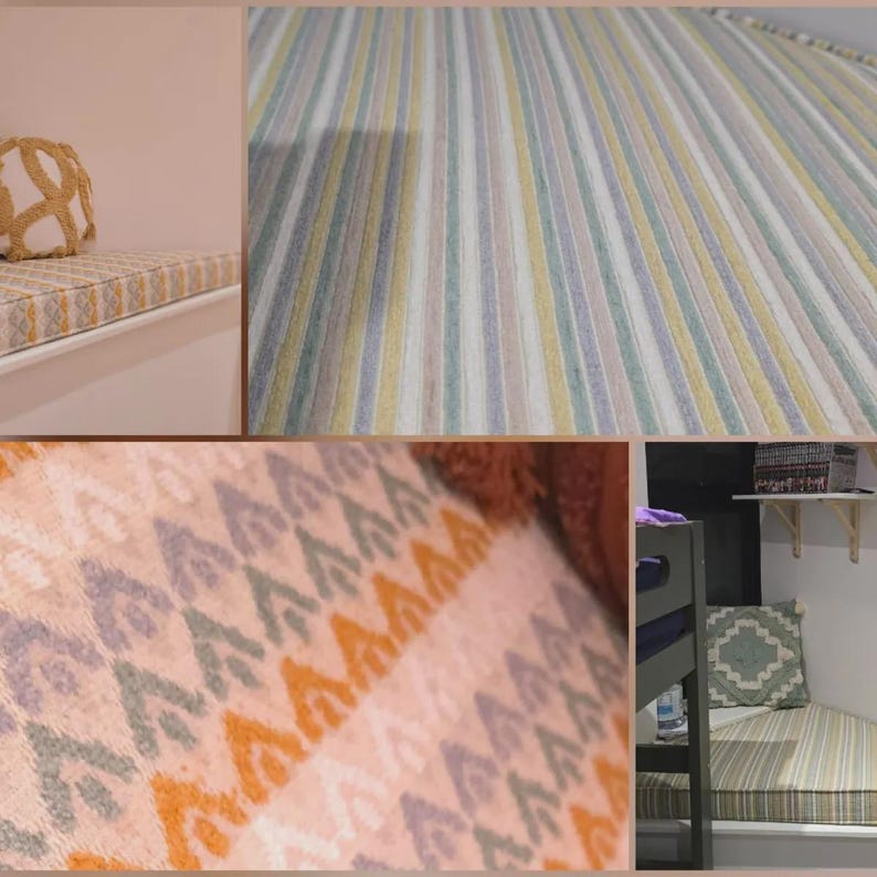 May include: A multi-panel view of a window seat cushion featuring a vertical striped pattern in shades of yellow, blue, and white, alongside a decorative throw pillow with a repeating geometric ikat-style print in orange, blue, and white.