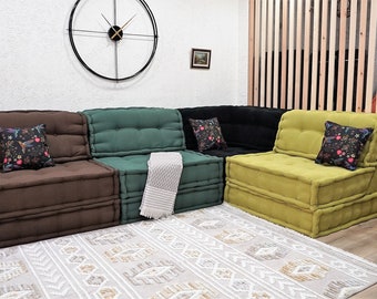 L字型セクショナルフロアソファ：16インチ厚の手作りクッション