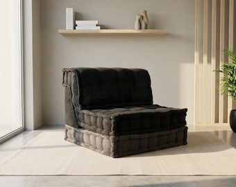 Minimalist Japanese Floor Sofa with Back: Custom Velvet Cushions. Black Corduroy Sofa