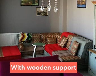Boho Velvet Floor Sofa: Patchwork Sectional Couch with Back Support, Mahjong Sofa