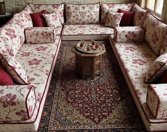 Red floral floor sofa, U shaped vintage cushion set, Arabic floor couch, Traditional floor seating set, Ethnic Meditation Floor Pillow