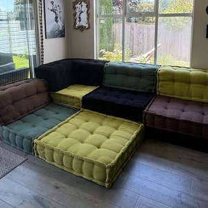 L Shaped Sectional Sofa, 16&quot; Thick Handmade Floor Cushions, Meditation Sofa, Custom size & Color Indoor and Outdoor Corner Seat Set