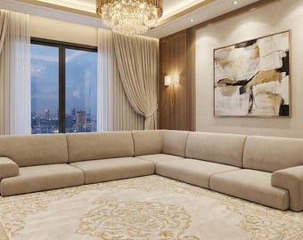 L Shaped Floor Sofa 8 inches Cream Velvet, 8" Floor Couch Low Seating, Brown Arabic Jalsa, Custom Foam Sofas, Linen Floor Couches