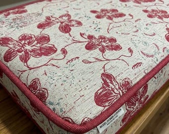 Vintage Style Red Floral Indoor Bench Cushion, Linen Fabric, 4 inches - Custom Made (Size Optional)