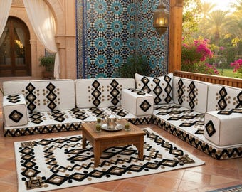 Moroccan Floor Seating Set L Shape – Handmade Foam Floor Sofa with Rug & Cushions, Low Seating Boho Living Room Decor, Arabic Sofa Set
