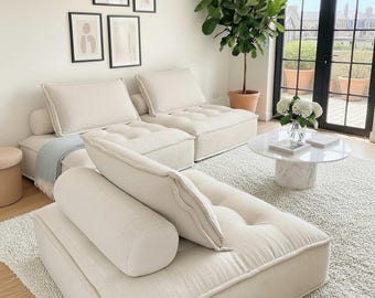 Sofá de lino con asiento acolchado, sofá modular seccional, sofá blanco con asiento de espuma, sofá de lino blanco con asiento acolchado grande.