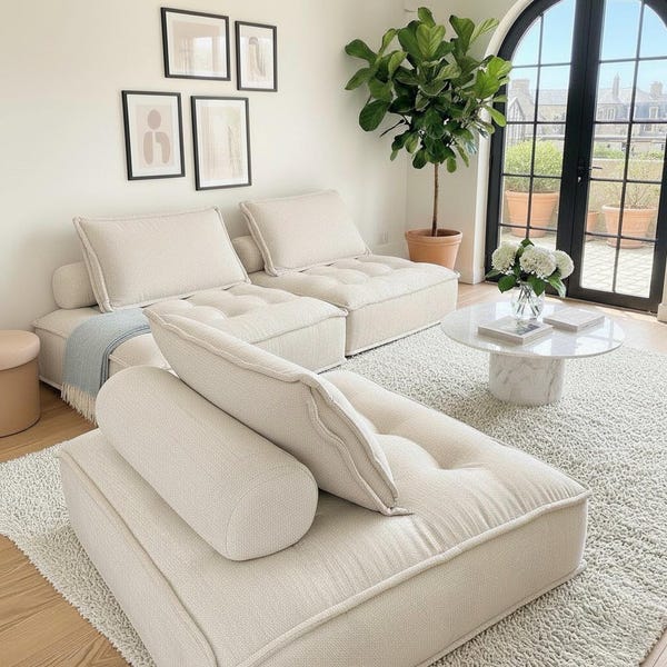 Linen Floor Sofa, Floor Cushion Seating, Sectional Modular Couch, White Sofa, Foam Seating, White Linen Floor Couch, Large Floor Cushion