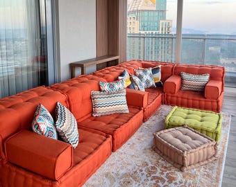 Velvet Floor Pillow Seating Set: Customizable Modular Couch, Mah Jong Sofa