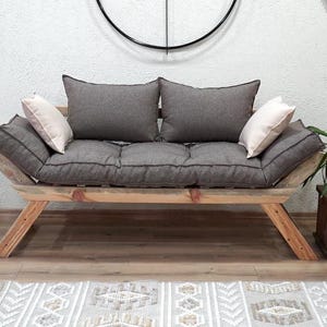 Wooden Sofa, Natural Wood Couch, Rustic and Minimalist Office Sofa, Natural Furniture, Handmade Wood Bench and Cushion, Living Room Sofa Set