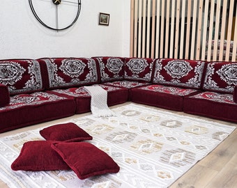 Red Arabic Majlis Sofa Set: Oriental Sofa, Floor Pillows, Chenille Ottoman Floor Seating, L Shaped Corner Etnich Floor Couch