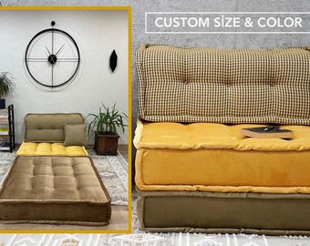 Velvet Mustard Yellow Floor Sofa: Bohemian Modular Couch, Double-layered, High Seating Cushion