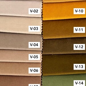 May include: A fabric swatch display titled Velvet Colors 1, featuring fifteen velvet samples arranged in two columns. The left column shows shades from cream to dark brown, labeled V-01 to V-08. The right column shows yellow to green, labeled V-09 to V-15.
