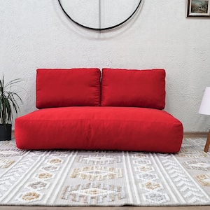 Red Boho Floor Pouf Sofa: Washable Microfiber Cushion