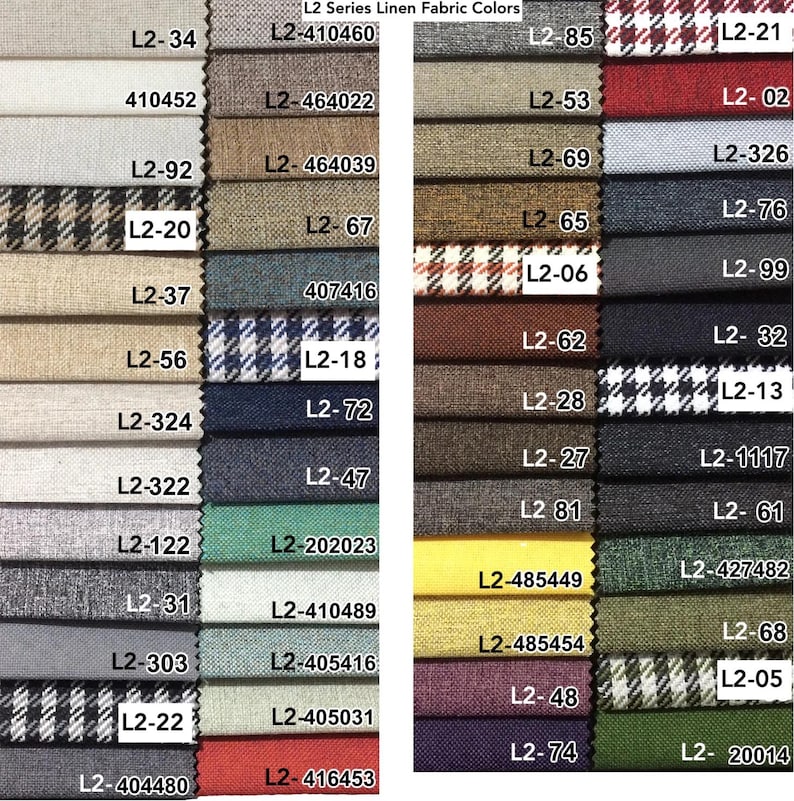 May include: A comprehensive color chart for L2 Series linen fabric, displaying numerous swatches in solid colors and patterns. Each fabric sample is labeled with a specific code, including L2-34, L2-410460, L2-85, and L2-21, arranged in a grid for easy reference.