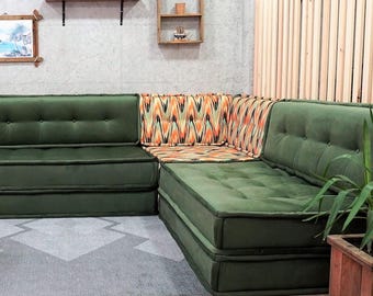 Green Velvet L-Shaped Floor Sofa: Modular Ground Seating